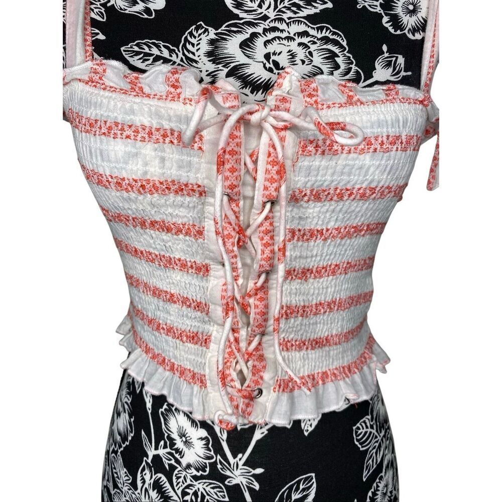 Free People Smocked Lace Up Striped Crop Top Coquette Cottagecore Boho Small - Picture 5 of 14